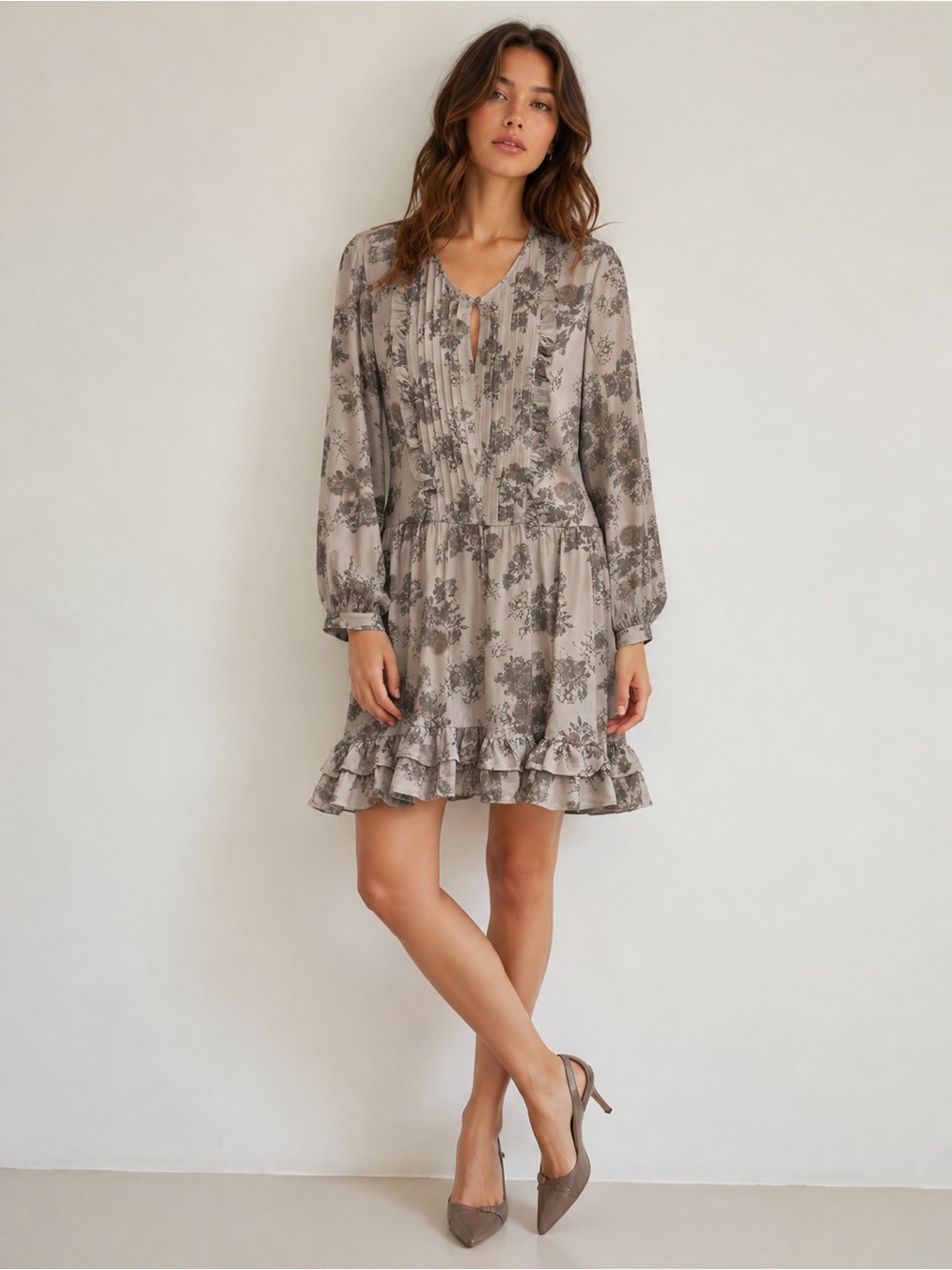 Joelle Dorian ruffle romantic feminine floral mini long sleeve dress